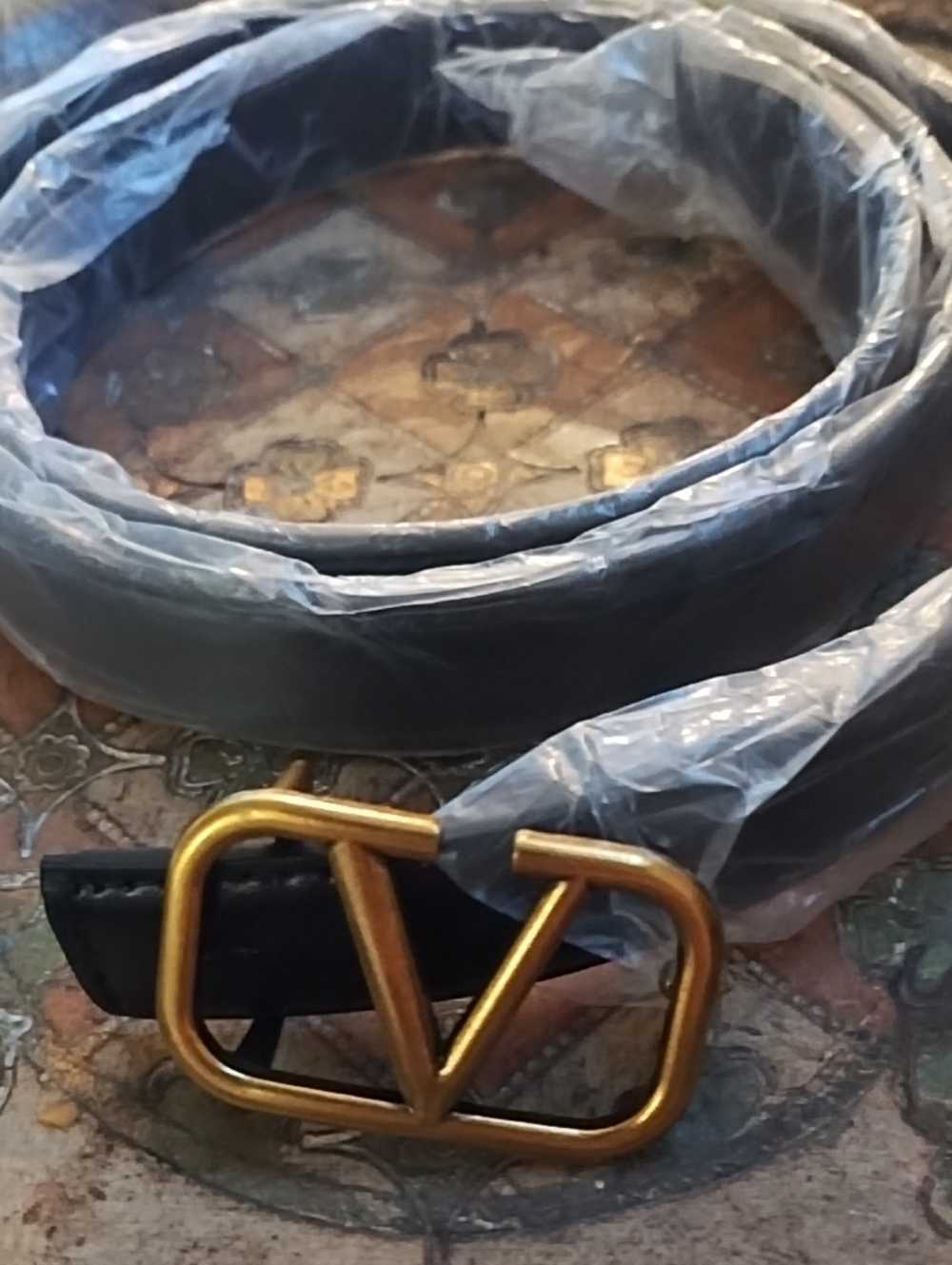 Black Faux Leather Belt with Gold Logo Buckle